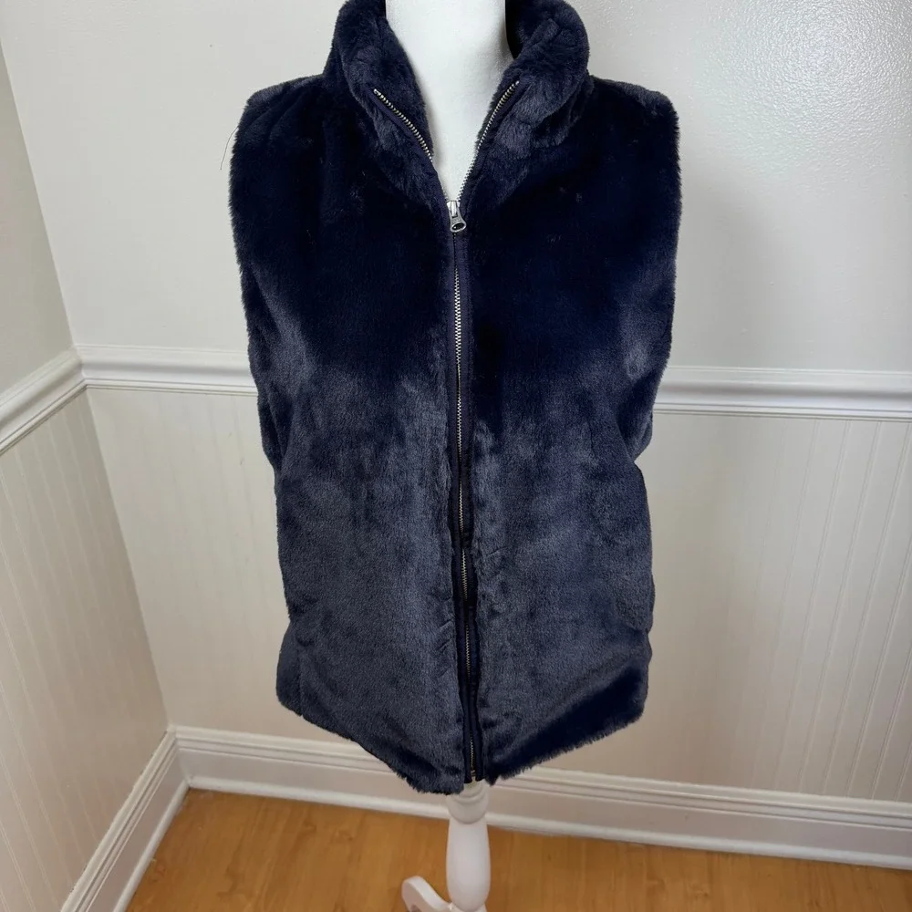 J.Crew Faux Fur Vest Women Size S Navy Blue‎ Full Zip K2216